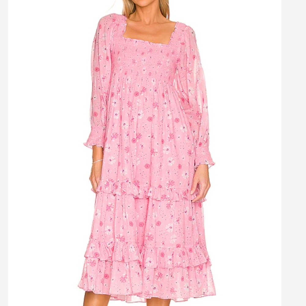 EUC LOVESHACKFANCY MIRI MIDI DRESS IN CORAL BLAZE PINK FLORAL SIZE MEDIUM LSF
